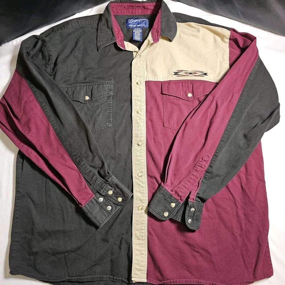 Wrangler Shirt XL Red Black Aztec Canvas Western Pearl Snap Cowboy Brushpopper